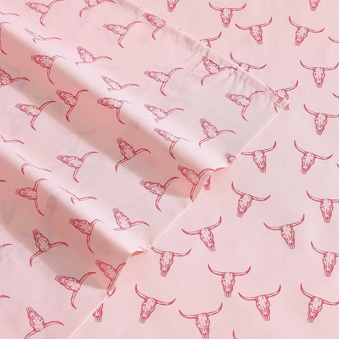 Wrangler - Queen Bed Sheets, Ultra-Soft & Lightweight Bedding with Matching Pillowcases, Lightweight Bed Set for All Season Comfort, Oeko-Tex Certified (Steer Skulls Pink)