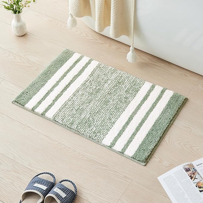 CozeCube Bath mats for Bathroom Non Slip, Fluffy Absorbent Microfiber Bath mat Washable, Aesthetic Bathroom Rugs, Large Sage Green Striped Bath mat, Sage Green, 36" x 24"