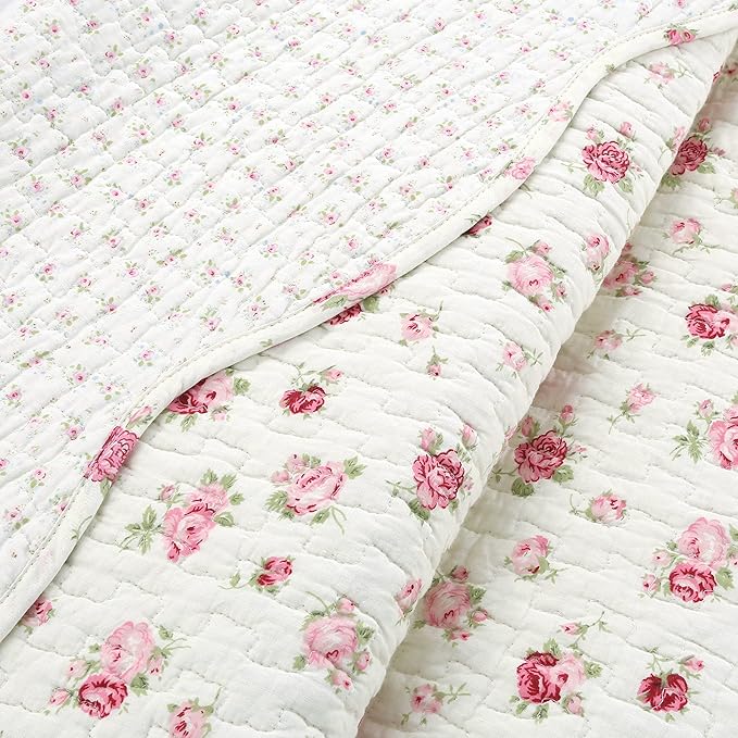 Cozy Line Home Fashions Pink Rose Garden Floral 100% Cotton Reversible Coverlet Bedspread Quilt Bedding Set (Ivory Rose, Queen - 3 Piece)