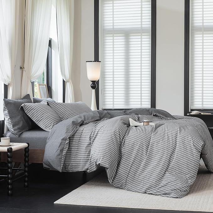 Reversible Duvet Cover Set 100% Washed Cotton Dark Grey Pinstripe Linen Feel Duvet Cover Queen Size with Zipper Closure & 2 Pillow Shams,Dark Grey/White Stripe Reverse Solid Dark Grey
