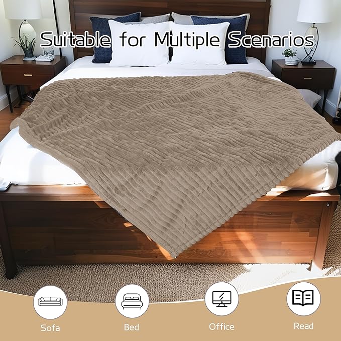 Electric Heated Blanket Queen Size 84x90 Inch - Ultra Soft Silky Flannel with Ribbed Texture, Dual Zone Controllers with 10 Heating Levels and 12 Hours Auto-Off Feature - Camel
