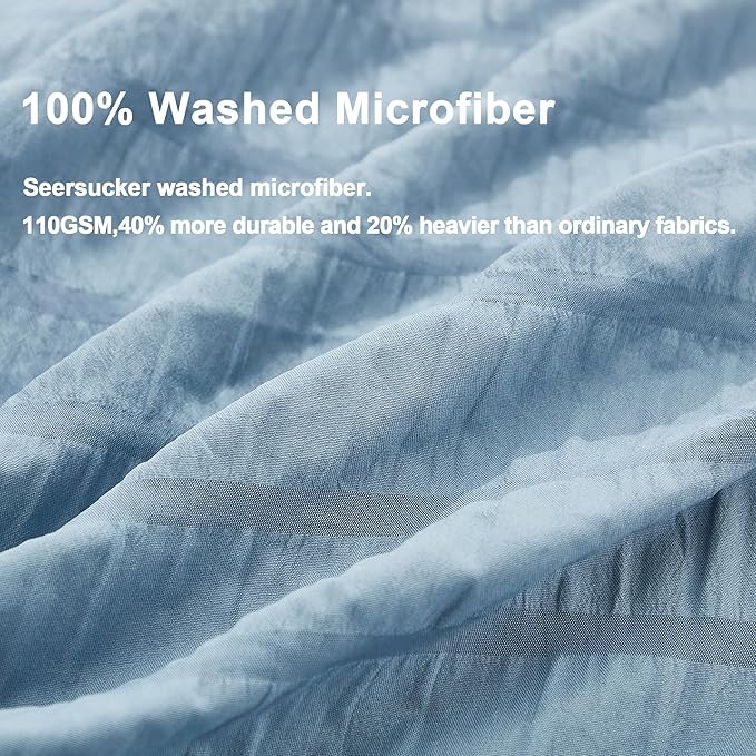 AveLom Seersucker Duvet Cover Set Queen Size Grayish Blue (90 x 90 inches), 3 Pieces (1 Duvet Cover, 2 Pillow Cases), Soft Washed Microfiber Textured Duvet Cover with Zipper Closure, Corner Ties