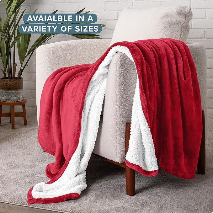Bare Home Sherpa Fleece Blanket - Throw/Travel Size - Blanket for Bed, Sofa, and Couch - Warm & Lightweight - Fluffy & Soft - Reversible (Throw/Travel, Red)