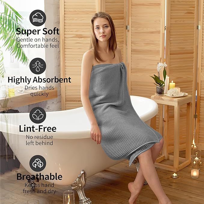 New Microfiber Waffle Bath Towels, 2 Pieces, Oversized, Soft, Absorbent, Fast Drying, Lint Free (Gray)