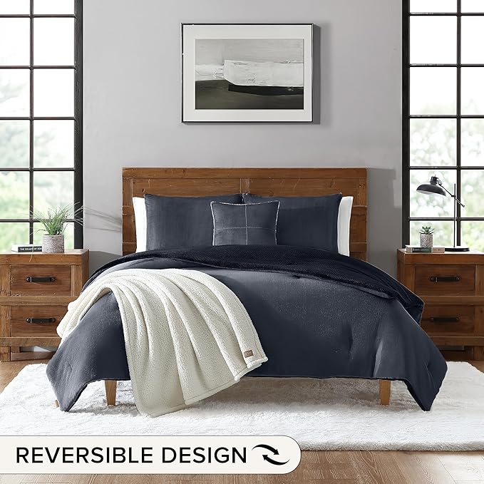 UGG Full/Queen Comforter Set 5 Piece Bed in a Bag with Throw Blanket, Decorative Pillow, Shams, Reversible Hypoallergenic Washable Luxury Warm Fluffy Bedding Set, Navy Blue (Remina)