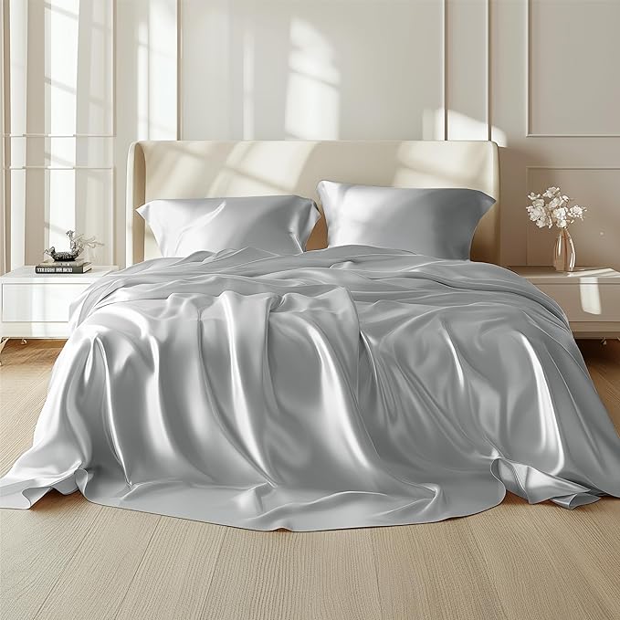 Bedsure Satin Sheets King Size - 4 Piece Silky Bedsheets with 15 Inches Deep Pocket Fitted Bedsheet,1 Flat Sheet, 2 Satin Pillowcases, Good for Hair & Skin (King, Silver Grey)