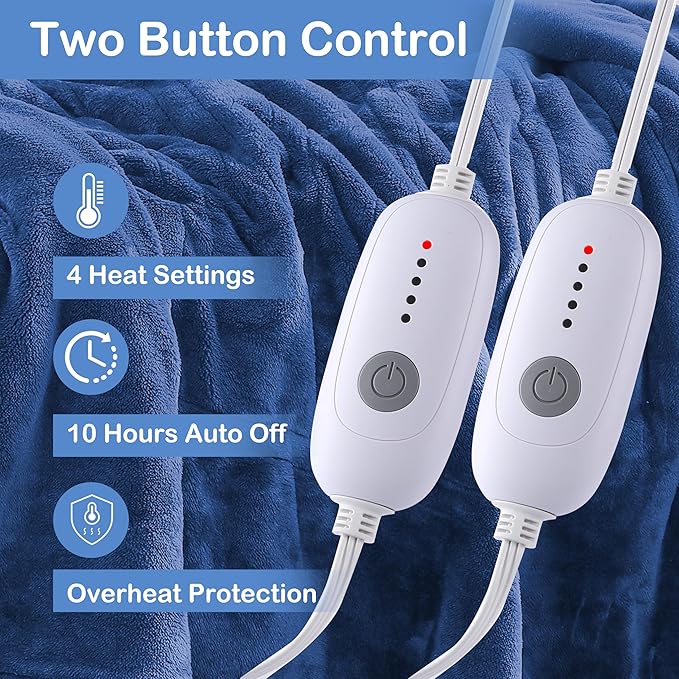 Electric Heated Blanket Queen Size 84"x90", Dual Controllers, Cozy Large Oversized, 5 Heating Levels & 10 Hours Auto Off, Cozy for Bed, Sofa, & Office, Machine Washable, Denim Blue