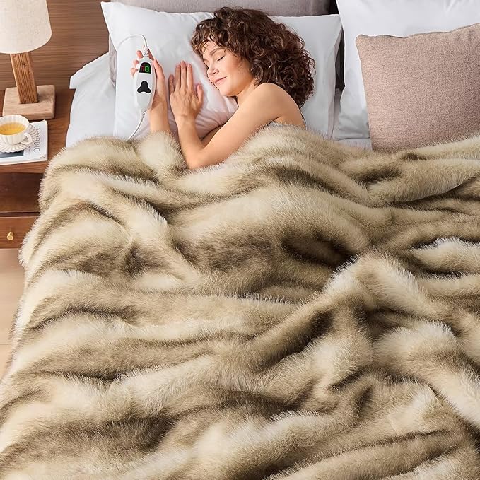 Heated Electric Blanket Twin, Octrot 60"X80" Faux Fur Heating Blanket Luxury Christmas Gifts Heavy Plush with 10 Heats Levels & 8 Hours Auto Off,Super Cozy Warm Fuzzy,Fluffy Decor Winter Warming,Brown