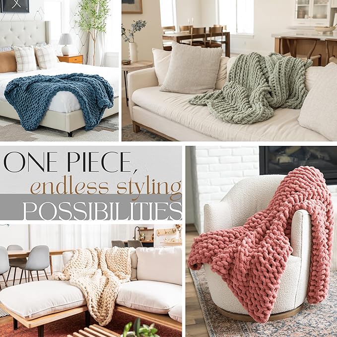SAMIAH LUXE Chunky Knit Blanket Throw 50x30", Cream Chenille Chunky Knit Throw Blankets for Living Room Decor or Boho Decor, Personal Lap Blanket for Couch or Bed, Cable Knitted Crochet Lap Blankets