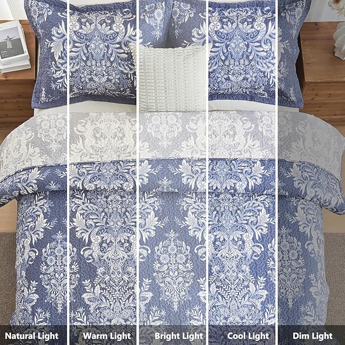 100% Cotton Quilt Set Queen Size - Damask Pattern Quilted Comforter, Vintage Reversible Queen Quilt Bedspread, Lightweight Bedding for Queen Bed, 3pcs, Blue