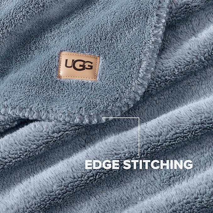 UGG Plush Full/Queen Blanket, Fleece Fluffy Blanket for Bed, Luxury Cozy Oversized Throw for Couch, Washable Hypoallergenic Queen Bedding, 90" x 90", Denim Blue (Whitecap)