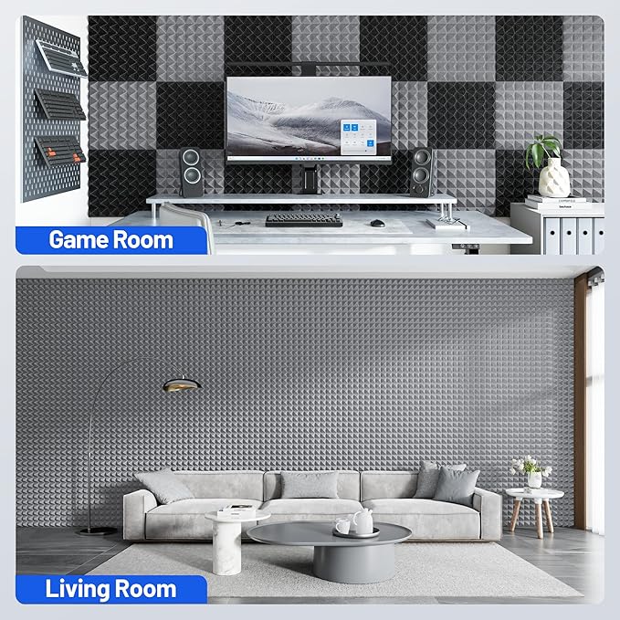48 Pack Pyramid Sound Proof Foam Panels for Walls with Updated Self-Adhesive 2"X12"X12" High Density Acoustic Panels Sound Absorbing Fast-Expanding Soundproof Wall Panels for Gaming Studio Decor- Gray