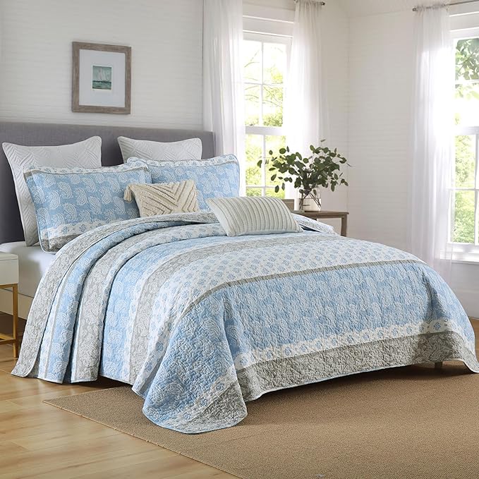 Cotton Quilts Queen Size, Blue Comforter Set, Farmhouse Striped Bedspreads Queen Size,Bohemian Bedding Comforter Sets,All Seasons 3 Pieces