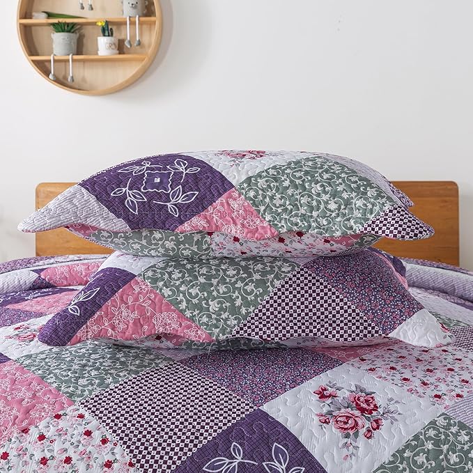 HoneiLife Oversized King Quilt 120x120-3 Pcs California King Bedspreads, Extra Large Quilt Sets All Season Use,Rustic Bedding Sets King Size,Reversible Coverlet Microfiber Bed Quilts, Purple