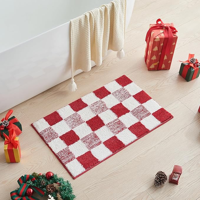 CozeCube Bath mats for Bathroom Non Slip, Fluffy Absorbent Microfiber Bath mat Washable, Aesthetic Bathroom Rugs, Large Christmas Red Checkered Bath mat, Christmas Red, 36" x 24"
