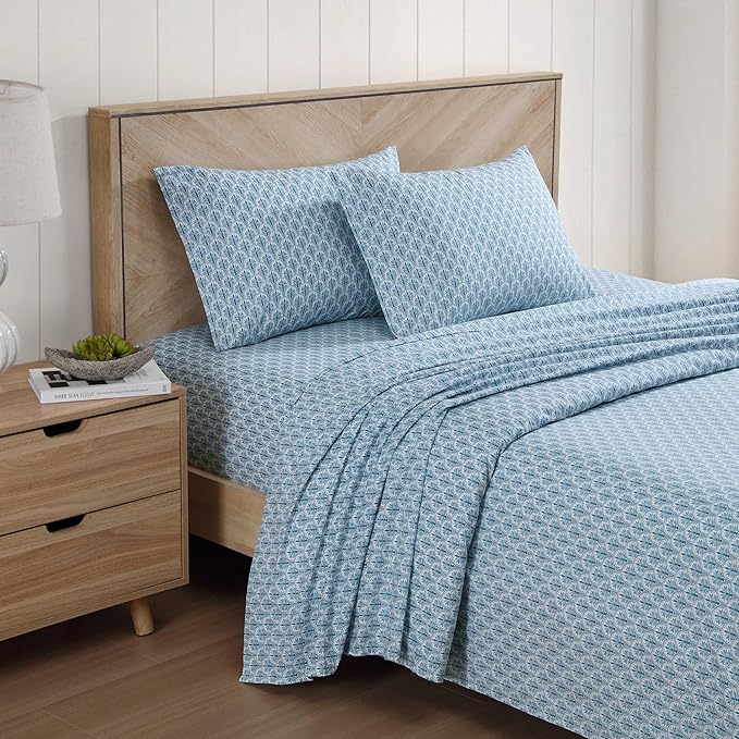 Tommy Bahama - Queen Sheet Set, Super Soft Cotton Percale Bedding with Matching Shams, Tropical Bedding Set, Oeko-Tex Certified (Coastal Batik Blue, Queen)