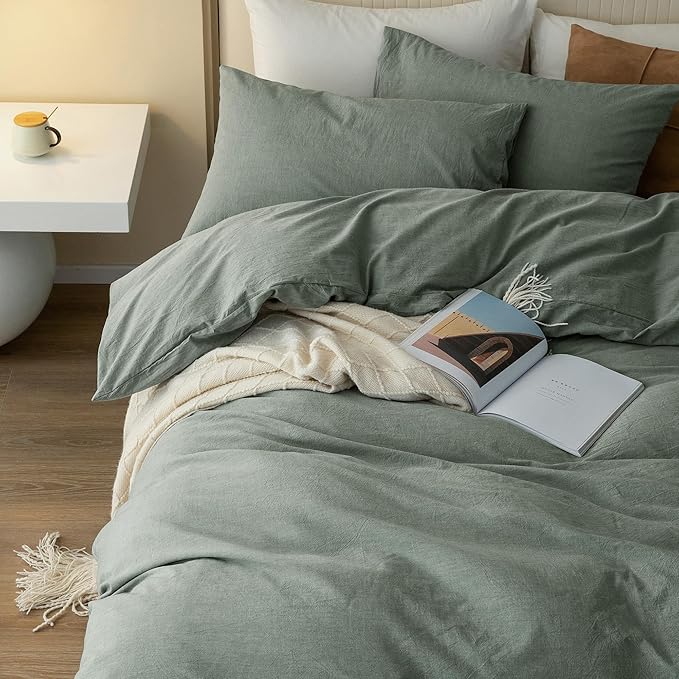 JIYUAN 100% Washed Cotton Duvet Cover Set 3 Pieces King, 1 Duvet Cover 104x90 Inches(Comforter Not Included) and 2 Pillowcases,Linen Feel Bedding Set Comfy and Breathable, Heathered Green