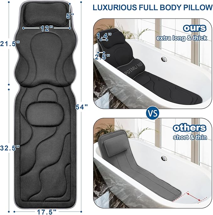 Luxury Full Body Bath Pillows for Tub-Extra Thick Bathtub Cushion with Lumbar Pillow for Neck and Back Support, Bath Accessories, Gift for Relaxing, Soaking, Spa