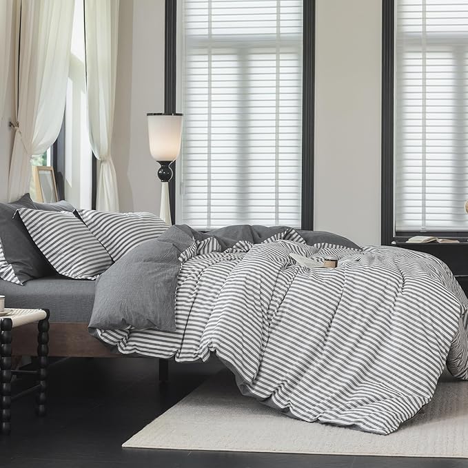 Reversible Duvet Cover Set 100% Washed Cotton Dark Grey Stripe Linen Feel Duvet Cover King Size with Zipper Closure & 2 Pillow Shams,Dark Grey/White Stripe Reverse Solid Dark Grey