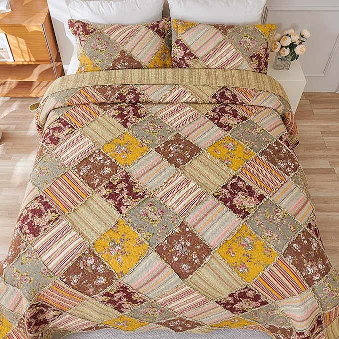 Cmfshape Floral Quilt Sets Bedspread Set 100% Cotton Patchwork Bedding Set, All Season Use Lightweight Reversible Coverlet Quilts with 2 Pillow Shams(Queen 92"x96")