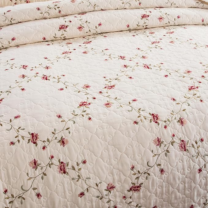 Quilt Set Floral Leaves 3D Embroidery Pattern 3 PCS Cotton Reversible Quilted Embroidered Decorative Bedspreads Coverlet Set, Lightweight &Soft Full Size Beige Bedding Coverlet for All Season