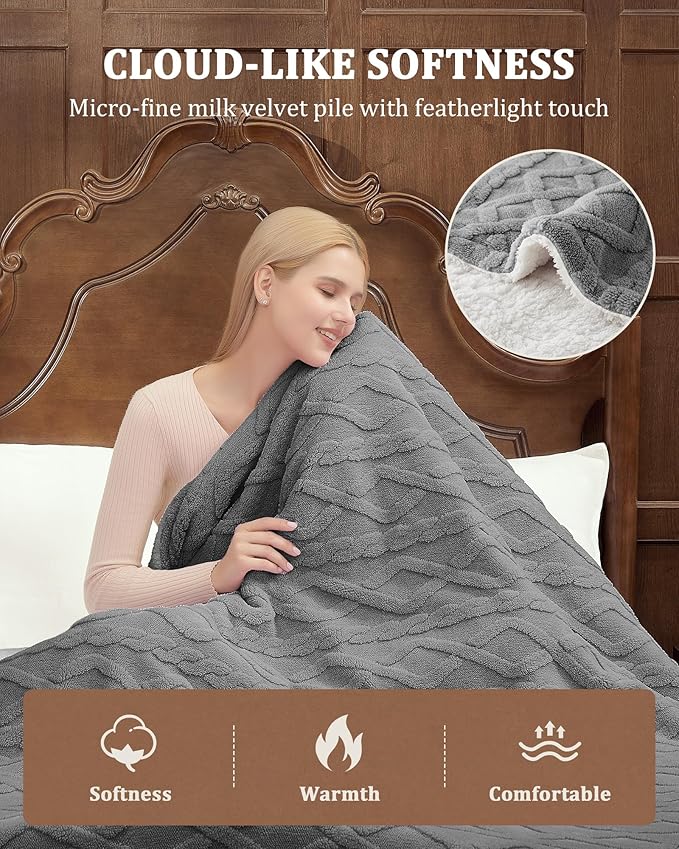 CAROMIO Electric Blanket King Size Dual Control - Thick Tufted Sherpa Heated Blanket with 10 Heating Levels and 10 Time Settings, ETL Certified Fast Heating Blankets King Size 90"×100", Grey