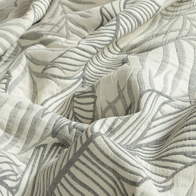 NTBAY 3 Layers Cotton Muslin 88x92 Queen Bed Blanket, Super Soft Breathable Thermal Yarn Dyed Quilt for Adults, Perfect Lightweight Blanket for Couch Sofa Bed All Seasons, Dark Grey Leaf