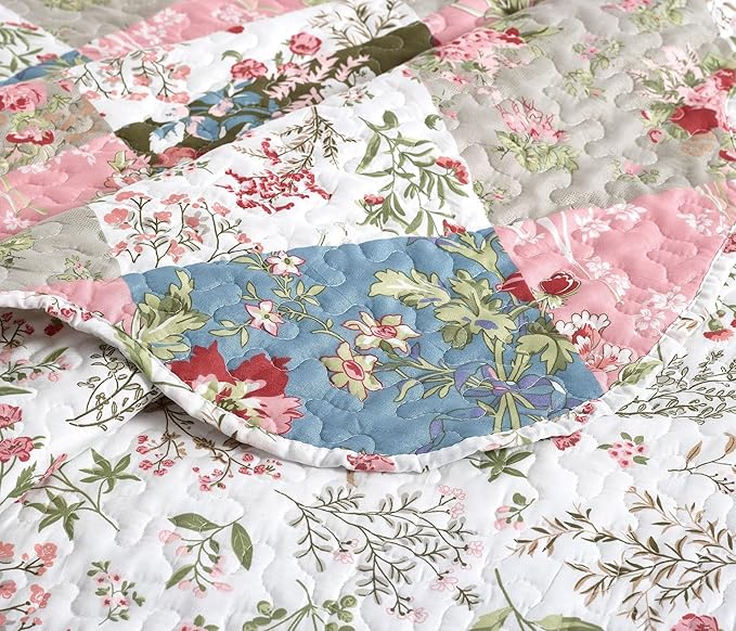 Brilliant Sunshine Peach and Olive Flowers Patchwork, 3-Piece Quilt Set with 2 Shams, Reversible Bedspread, Soft Lightweight Coverlet, All-Season, King, Peach Olive