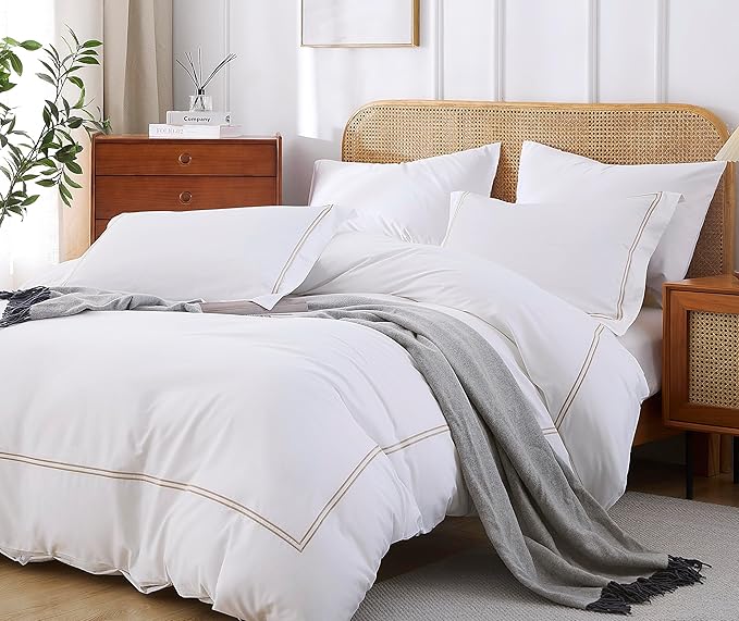 100% Cotton Duvet Cover Set Soft Comfortable with Embroidery Design 3 Pcs Home Sateen Weave Bedding Set (White&Gold, King)