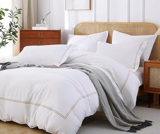 100% Cotton Duvet Cover Set Soft Comfortable with Embroidery Design 3 Pcs Home Sateen Weave Bedding Set (White&Gold, King)