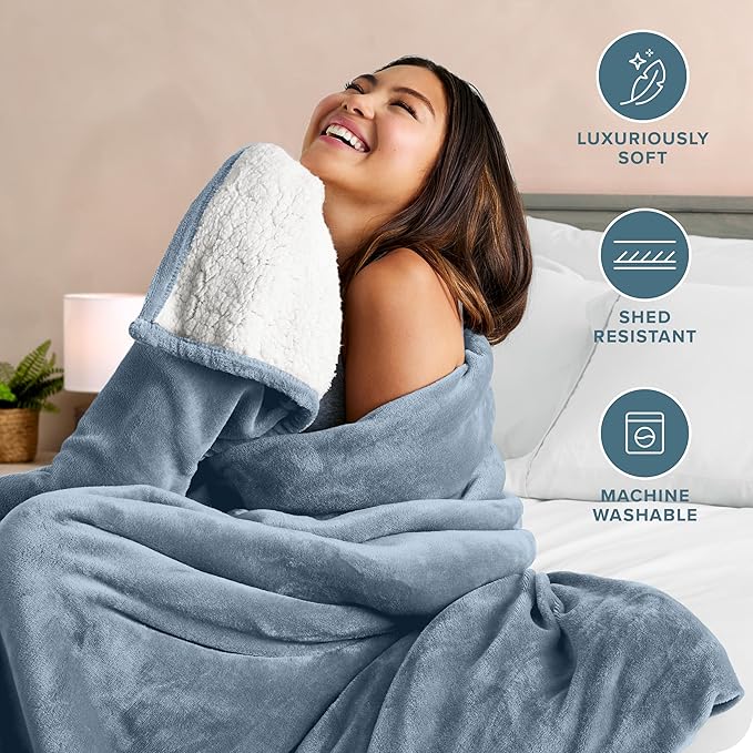 Bare Home Sherpa Fleece Blanket - Throw/Travel Size - Blanket for Bed, Sofa, and Couch - Warm & Lightweight - Fluffy & Soft - Reversible (Throw/Travel, Dusty Blue)