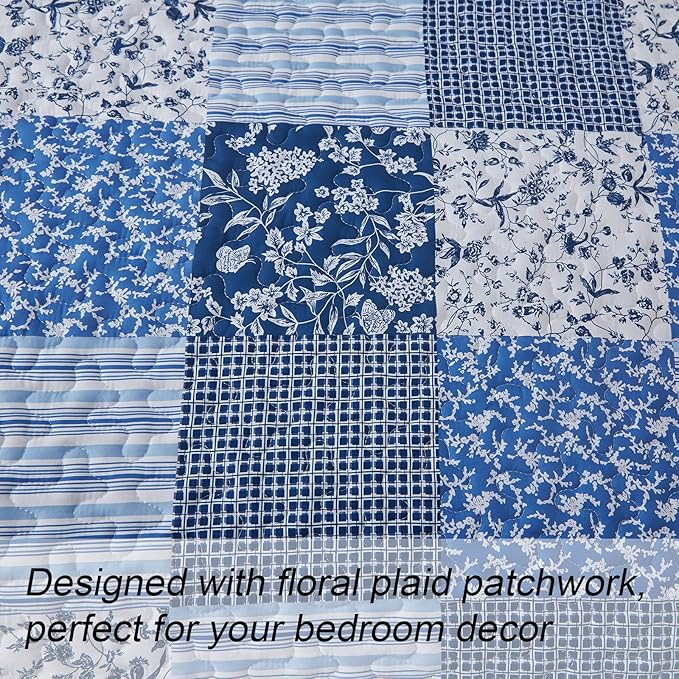 Mybedsoul Blue Boho Quilt Set Queen Size,3 Pieces Plaid Floral Bedspread Coverlet Set for All Season,Patchwork Reversible Bedding Set Queen 90"x96"