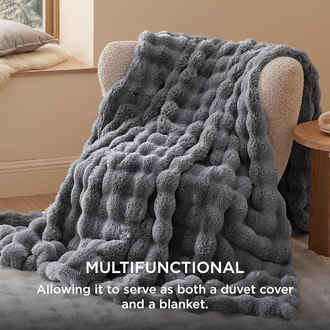Bedsure Luxurious Faux Fur Duvet Cover Queen Size Set - Ultra Soft & Fluffy & Cozy & Warm - Elegant Shaggy Bubble Design Bedding with Duvet Cover and Pillow Shams, Grey