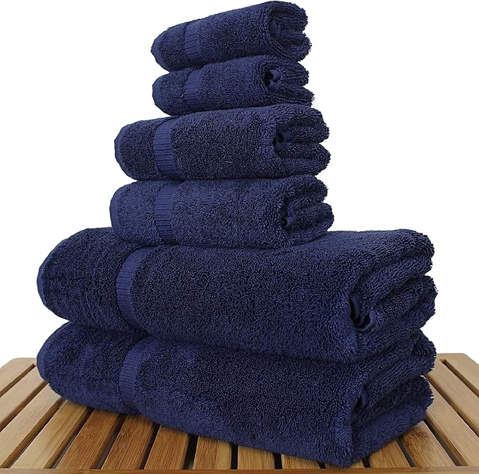 Luxury Hotel & Spa Quality Collection, Highly Absorbent & Quick Dry 100% Turkish Cotton, 750+ GSM, Eco Friendly Towel, Dobby Border Towels, 2 Bath Towel, 2 Hand Towel, 2 Washcloths (6 Piece, Navy)