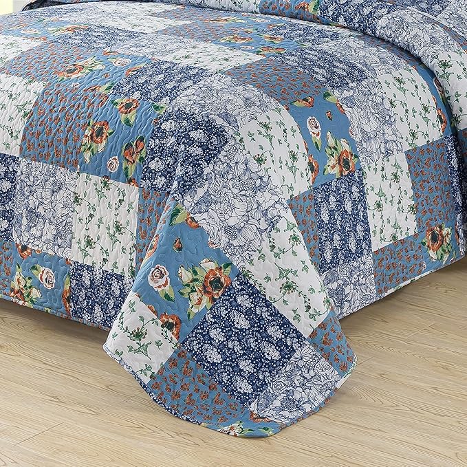 BEDIFANY Boho King Size Quilt Bedding Set - Lightweight Reversible Bedspreads King Size (98 x 106 inch) Coverlet Set with Flower Pattern - Plaid King Quilt Sets for Decorations, 3 Pieces