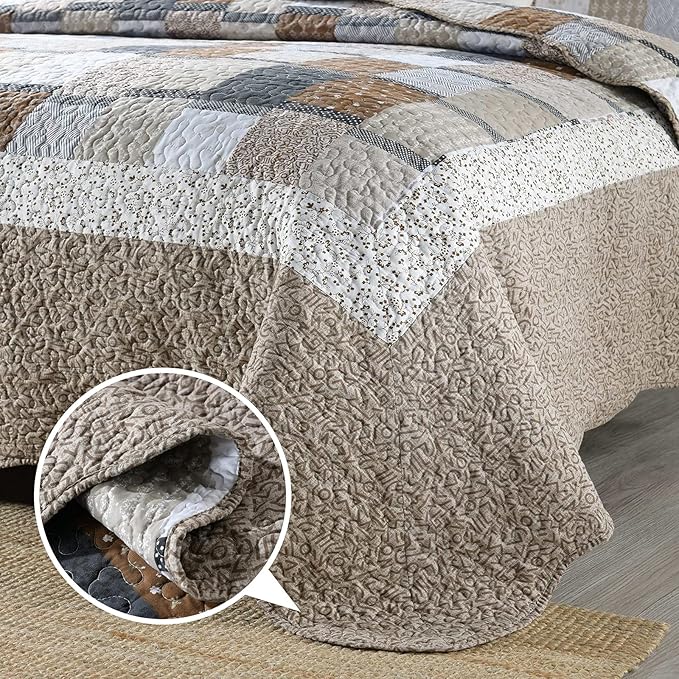 ENJOHOS Brown Plaid Floral Quilt Set King Size 98"x106", 3 Pcs Boho Bedspread Coverlet Set for All Season, Patchwork Reversible Bedding Set King