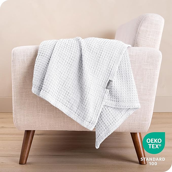 Bare Home White Waffle Blanket, Throw Size 44Wx66L, 100% Cotton, Soft & Breathable for All Seasons, Lightweight, Perfect for Layering Bed, Sofa & Couch (Throw/Travel, White)