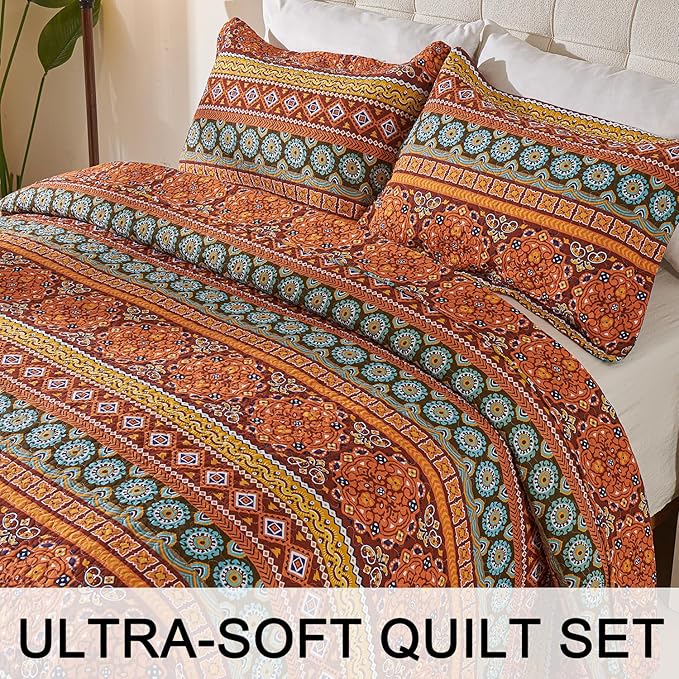 Cmfshape Orange Quilt Sets Bedspread Set 100% Cotton Boho Bedding Set, All Season Use Lightweight Reversible Coverlet Quilts with 2 Pillow Shams(King 106"x96")