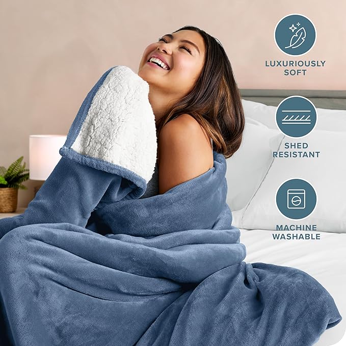Bare Home Sherpa Fleece Blanket - Full/Queen Size - Blanket for Bed, Sofa, and Couch - Warm & Lightweight - Fluffy & Soft - Reversible (Full/Queen, Coronet Blue)
