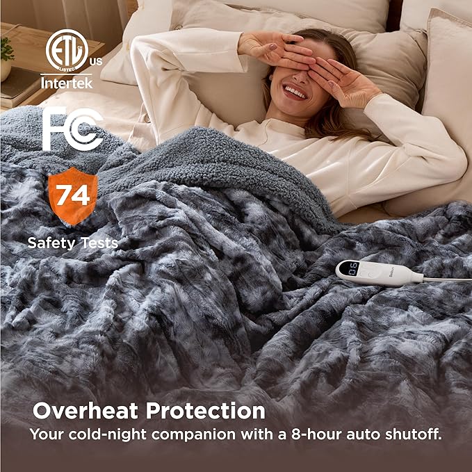 Bedsure Faux Fur Heated Blanket Twin Size, Fast Heating Electric Blanket Twin Size with 6 Heating Levels & 10 Time Settings, Cozy Gifts for Women Men (62x84 inches, Grey)