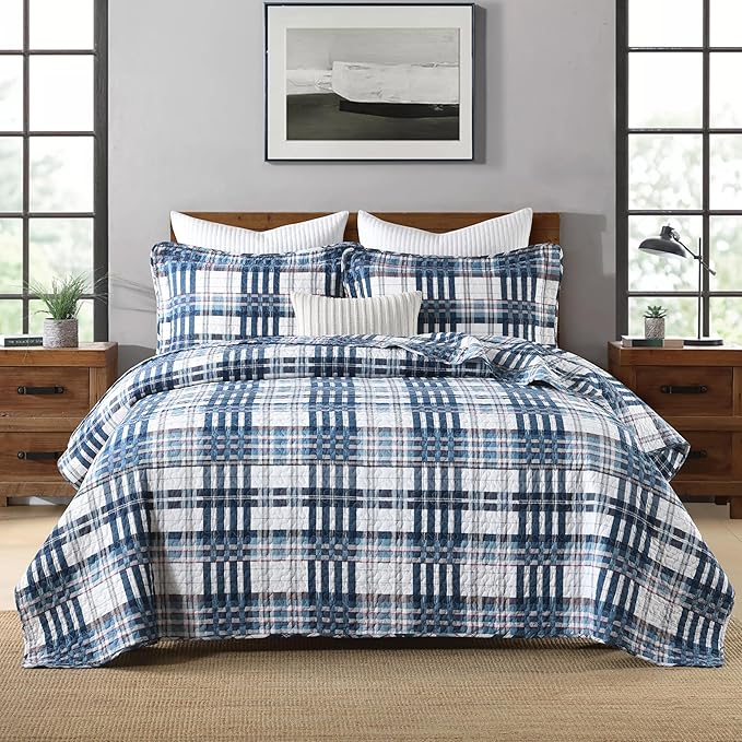 Quilt King Size, Cotton King Size Comforter Set, Blue White Striped Bedding Sets, Plaid King Bedspread,Striped Bed Set Lightweight Reversible All Season 3 Piece