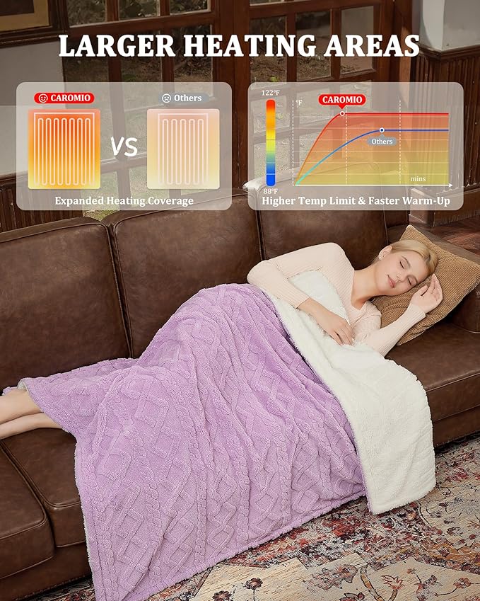 CAROMIO Electric Blanket Twin Size - Thick Tufted Sherpa Heated Blanket Twin with 10 Heating Levels and 10 Time Settings, ETL Certified Machine Washable Fast Heating Blanket Twin 62"×84", Purple