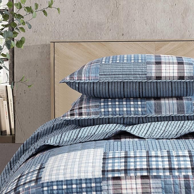 Eddie Bauer - Queen Quilt Set, Reversible Cotton Bedding with Matching Shams, Patchwork Plaid Bedding Set (Hawthorne Blue, Queen)