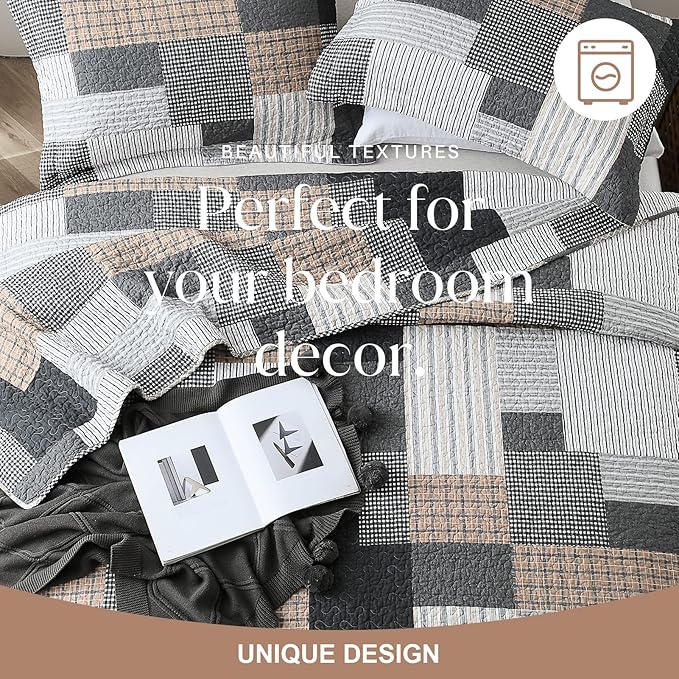 Y-PLWOMEN Quilt King Size - 3 Piece Cotton Quilts Lightweight Bedspreads Farmhouse Plaid King Size Quilt Cozy Reversible Quilt Bedding Set All Season, Grey Black Brown White