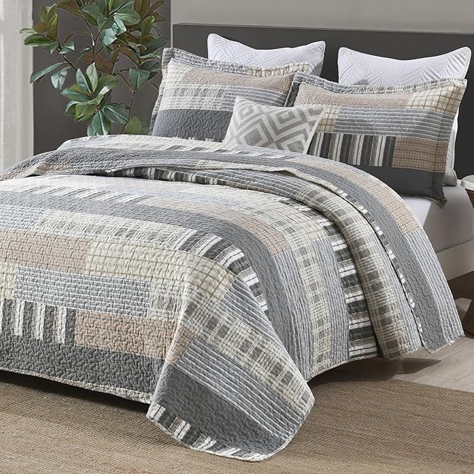 Farmhouse Queen Quilt Set - 100% Cotton Patchwork Striped Plaid Queen Size Quilt Bedspread, Grey Brown Beige Lightweight Reversible Coverlet Bedding Set with 2 Pillow Shams, All Season-98x90