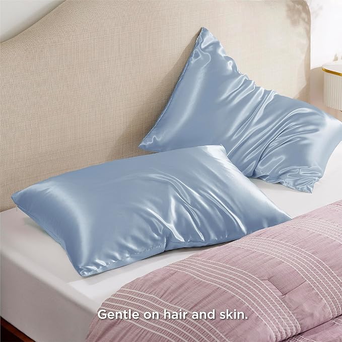 Bedsure Satin Pillowcase with Zipper, Similar to Silk Pillow Cases 2 Pack, Satin Pillow Cases Queen, Silky & Soft Bedding Pillow Covers for Hair & Skin, Gifts for Women Men, Stone Blue, 20x30 Inches