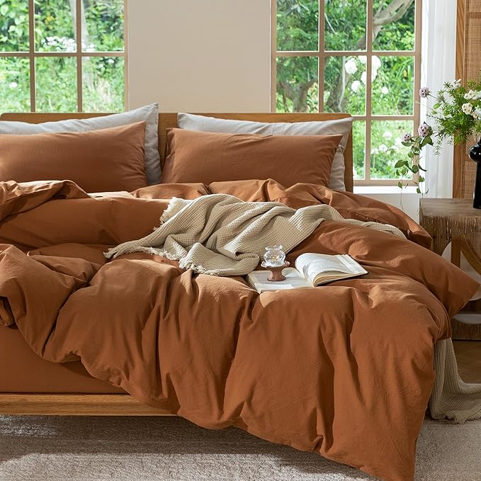 MooMee Bedding Duvet Cover Set 100% Washed Cotton Linen Like Textured Breathable Durable Soft Comfy (Solid Dark Orange, Cal King 104"x98")