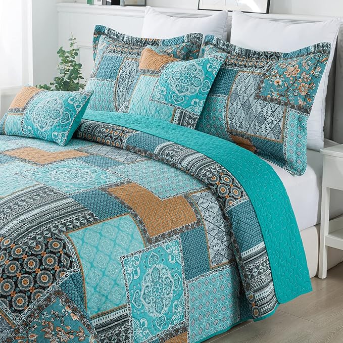BEDIFANY Cotton Queen Size Quilt, Lightweight Bedspread Queen Size, Teal, Quilted Coverlets Queen Quilt Bedding Sets for Bed Decorations for All Seasons. 3 Pieces