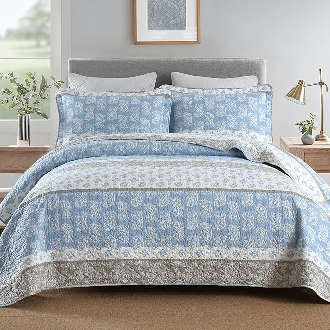 Quilt King Size, Cotton Bedding Set, Blue Striped King Size Comforter Set, Bohemian Bedspread with Shams for All Season, 3 Pieces