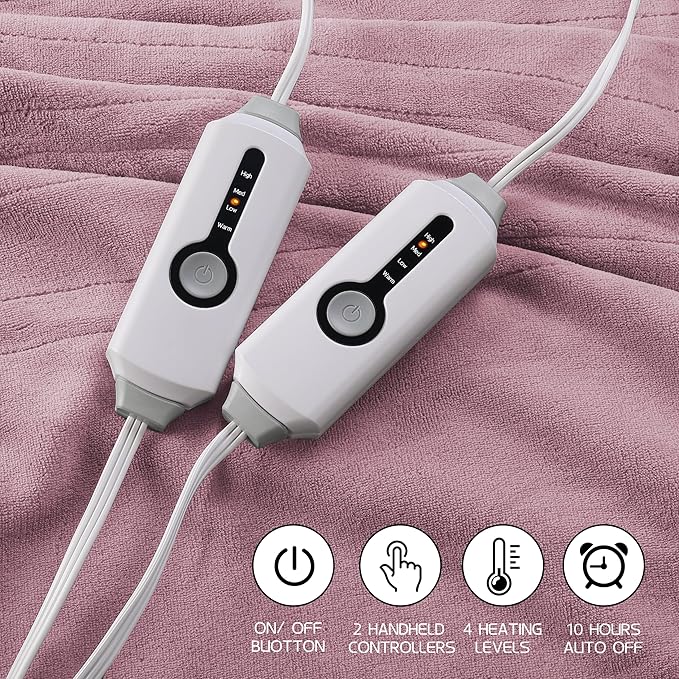 Electric Heated Blanket 90"x100" King Size, Soft Coral Fleece, Dual Controllers with 4 Heating Levels and 10 Hours Auto-Off, Machine Washable, Cozy Plush Fabric for Home, Purple